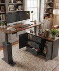 Cool L Shaped Electric Standing Desk With Brown And Black Finish, 55 Inch Big Top, Right Side Cabinet Return, Three Drawers For Storage, Height Adjustable Motorized Table For Home Office Setup in home office with dual monitors.