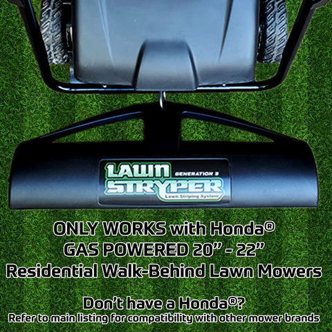 Generation 3 Lawn Striping System Pro Kit attached to Honda 20-22 inch mower, showing black striper on green grass surface.