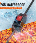 Close-up of Outdoor 2 Ft 14AWG 3 Prong Extension Cord with Waterproof Lighted Inline Switch showing IP65 waterproof rating.