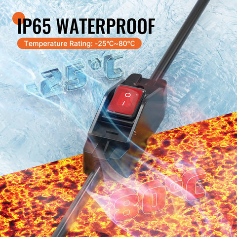 Close-up of Outdoor 2 Ft 14AWG 3 Prong Extension Cord with Waterproof Lighted Inline Switch showing IP65 waterproof rating.