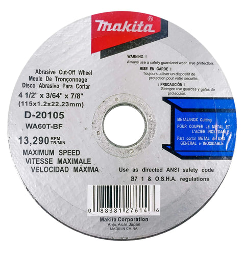 Close-up of Makita abrasive cut-off wheel, 4-1/2 inch 7/8 inch arbor, text details visible on the disc surface.