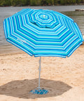 AnchorX 7 Ft Beach Umbrella Base System With Sand Anchor And Carrying Bag Portable Outdoor Market Umbrella SPF 50 Plus Protection Wind Stabilizing Design Blue Stripe For Your Beach Day Vibe on sandy beach.