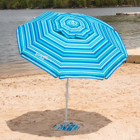 AnchorX 7 Ft Beach Umbrella Base System With Sand Anchor And Carrying Bag Portable Outdoor Market Umbrella SPF 50 Plus Protection Wind Stabilizing Design Blue Stripe For Your Beach Day Vibe on sandy beach.
