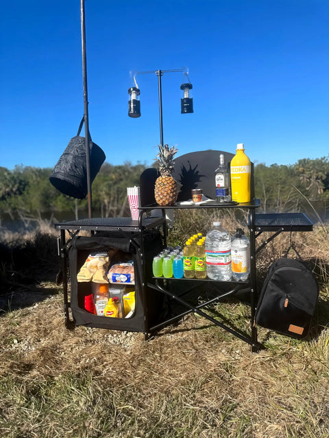 All In One Camping Kitchen Station With Light Stand And Windshield Portable Foldable Grill Table outdoor setup with organizer and bag