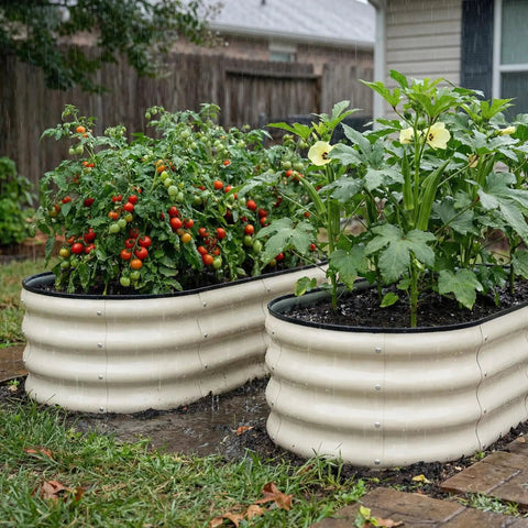 Two Piece Galvanized Raised Garden Bed Set For Outdoor Use With No Fuss Oval Metal Planter Boxes 4x2x1 Ft White Finish Great For Vegetables Herbs And Flowers Eco Friendly Coatings, filled with plants and vegetables.