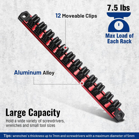 Side view of Magnetic Screwdriver And Wrench Organizer With Aluminum Rail, showing 12 clips, 7.5 lbs max load per rack.