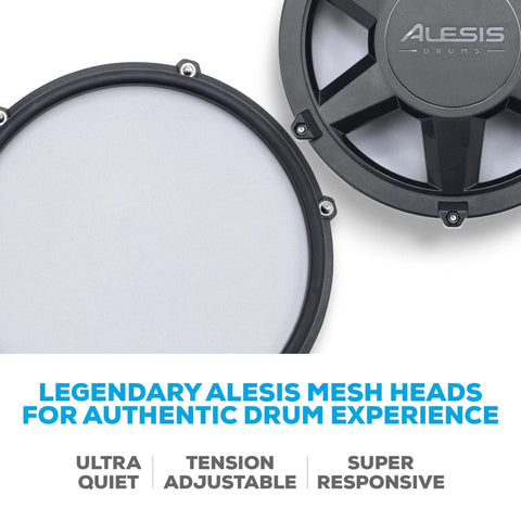 Close-up of Alesis drum mesh heads for the 8 Piece Electronic Drum Kit With Quiet Mesh Heads For Beginners 10 Inch Dual Zone Snare.