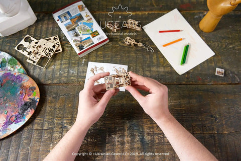 Wooden Fidget Creations Set Four Mini Mechanical Puzzles You Build Without Glue Or Tools, Stress Relief Toys For Adults And Kids, Portable Handcrafted Wood No Glue Needed Great For Focus And Calm; hands assemble mini wood puzzle