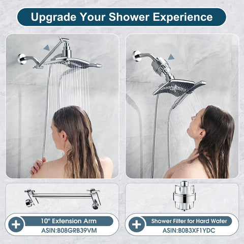 High Pressure Dual Shower Head Kit With Handheld And Rainfall Modes, 60 Inch Stainless Steel Hose, Chrome Finish, shown with person showering