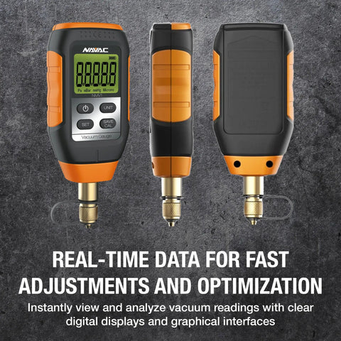 Micron Vacuum Gauge For HVAC With Digital Readout And Level Alarm NMV1 Leakage Warnings Large Backlit Display Pirani Sensor Pro Grade Vacuum Tool For Reliable Leak Detection And HVAC Pros. front, side, and back view