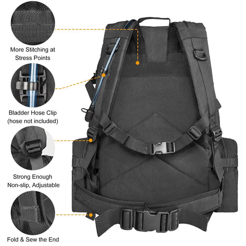 Back view of 60L Tactical Backpack Rucksack For Outdoors Military Style Assault Pack With Detachable Front Bag And MOLLE System Built Tough 600D