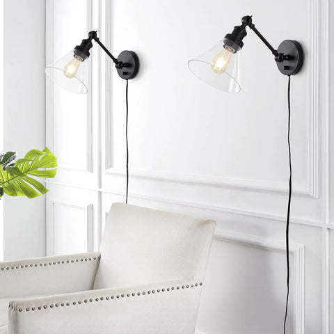 Oil Rubbed Bronze 8 Inch Adjustable LED Wall Sconce Plug In Wall Lamp With Dimmer Switch Clear Glass Shade installed in living room