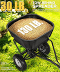 Heavy Duty Tow Behind Fertilizer And Seed Spreader With 130 Lb Hopper And Adjustable Flow Control on lawn, close-up view