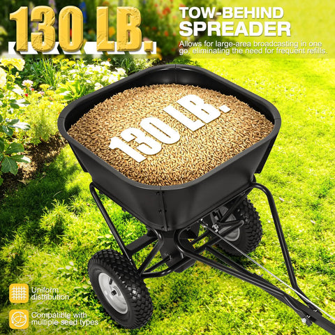 Heavy Duty Tow Behind Fertilizer And Seed Spreader With 130 Lb Hopper And Adjustable Flow Control on lawn, close-up view