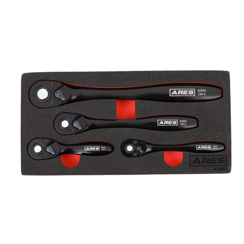 Dual Tone 72 Tooth Ratchet Set With Easy Quick Release Sockets, 4 Piece Including 1/4, 3/8, 1/2 Inch Drives And Stubby 3/8, Reversible Design, Chrome Vanadium Steel, Sleek Black And Red Finish For Pro DIY