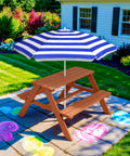 Wooden Kids Picnic Table With Umbrella For Backyard Play And Outdoor Fun Activity Table Set With Built In Benches 220 Lb Capacity Per Bench Hemlock Wood In Golden Brown And Navy Finish