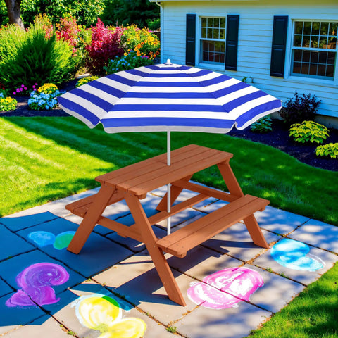 Wooden Kids Picnic Table With Umbrella For Backyard Play And Outdoor Fun Activity Table Set With Built In Benches 220 Lb Capacity Per Bench Hemlock Wood In Golden Brown And Navy Finish