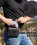 Man using a 2 Pack 3 Pocket Camera Lens Filter Case Set For 25mm To 82mm Filters Water Resistant And Dustproof Belt Loop Pouch.