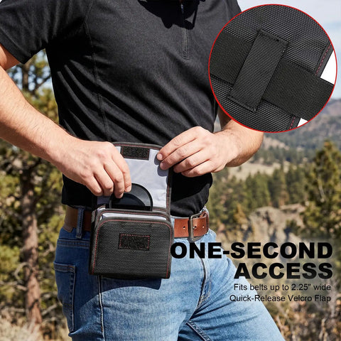 Man using a 2 Pack 3 Pocket Camera Lens Filter Case Set For 25mm To 82mm Filters Water Resistant And Dustproof Belt Loop Pouch.