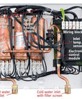 Top Shelf Electric Tankless Water Heater 36Kw 240V Continuous Flow On Demand Hot Shower System internal components and wiring detail.