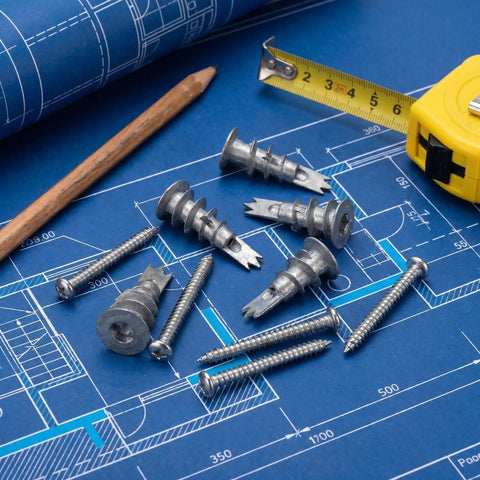 Heavy Duty Zinc Alloy Drywall Anchor Kit with self drilling screws on blueprint background with tape measure and pencil