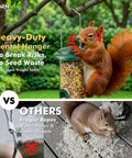 Squirrel accessing Six Port Metal Bird Feeder With Heavy Duty All Metal Construction 15 Inch Hanging Seed Feeder, green finish, on tree.