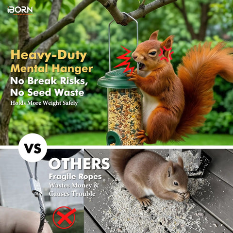 Squirrel accessing Six Port Metal Bird Feeder With Heavy Duty All Metal Construction 15 Inch Hanging Seed Feeder, green finish, on tree.