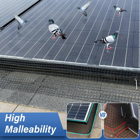 Solar panels protected by 6-In By 100-Ft Critter Guard Roof Net Roll Kit With Rust-Proof Black PVC Coated Galvanized Mesh Pigeon Bird Proof Net With 70 Fastener Clips For Bird And Animal Control Easy Install Heavy-Duty Roof Protection, showing high malleability and multiple angles.