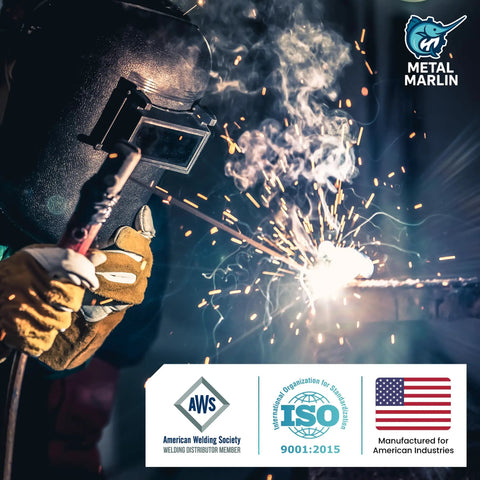 Welder using E6011 Welding Rod 3/32 Inch, 5 lb Pack, Premium Carbon Steel Stick Electrode for SMAW with bright sparks flying
