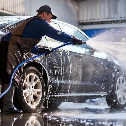 Person using 50 Ft High Pressure Washer Hose 3600 PSI Flexible And Kink Resistant Replacement With One Quarter Inch Quick Connect M22 Three Eighths Inch Adapters Heavy Duty Power Washer Extension Blue to clean a car in a garage setting.