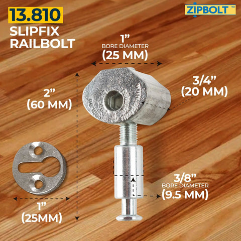 Slipfix Railbolt Handrail Post To Post Fastening System For Stairs with measurements and components displayed