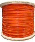 Heavy Duty Two Hundred Fifty Foot Spool Of One Eighth Inch Galvanized Aircraft Cable With Bright Orange Pvc Coating on wooden spool.