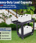Heavy Duty Rolling Tool Cart Two Tier With Locking Casters, 500 Lb Capacity, Durable PP Construction, Mobile Workshop Organizer For Tools And Supplies, Top Shelf 31x17x4 In, Bottom Shelf 30x16x4 In, shown loaded with jerry cans