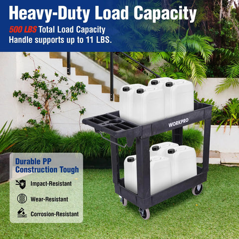 Heavy Duty Rolling Tool Cart Two Tier With Locking Casters, 500 Lb Capacity, Durable PP Construction, Mobile Workshop Organizer For Tools And Supplies, Top Shelf 31x17x4 In, Bottom Shelf 30x16x4 In, shown loaded with jerry cans