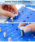 44 Thread Checker For Nut And Bolt Sizing, 22 Standard And 22 Metric Thread Sizes, Metal Gauge with hands checking nuts and bolts