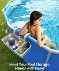 2 Piece Poolside Storage Basket Set With Cup Holder For Above Ground Pools Fits Steel Round Or Oval Frames Top Rail 3 Inches Or Less Upgrade Kit For Easy Deckside Organization And Poolside Convenience installed on pool