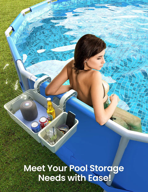 2 Piece Poolside Storage Basket Set With Cup Holder For Above Ground Pools Fits Steel Round Or Oval Frames Top Rail 3 Inches Or Less Upgrade Kit For Easy Deckside Organization And Poolside Convenience installed on pool