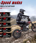 Heavy Duty Electric Dirt Bike With 5500W Mid Drive Motor And 276Nm Torque Shreds Rough Terrain At 55Mph with rider on rocky trail.