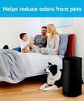Family with a dog in a bedroom using Odor Defense Carbon Prefilter Cut To Fit Most Air Purifiers 2 Pack Replace Every 6 Months Odor Reduction Carbon Filter For Home Use Helps Remove Odors And Improve Indoor Air Quality.