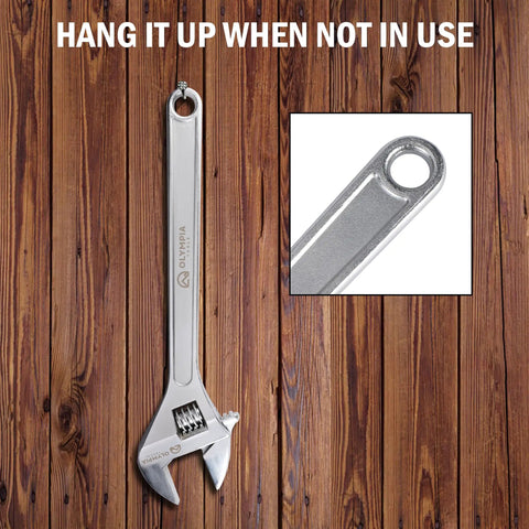 24 Inch Adjustable Wrench Heavy Duty Drop Forged Steel Chrome Plated With Precision Machined Jaws Rust Resistant hanging on a wall