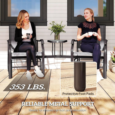 Two Seat Outdoor Glider Chairs With Coffee Table For Patio Backyard And Porch Breathable Sling Seats Gray with people seated