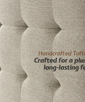 Close-up of tufted linen headboard on Top Shelf King Bed Frame Crafted From Solid Hardwood With A Fifty Inch Tall Tufted Linen Headboard And Rich Walnut Finish.