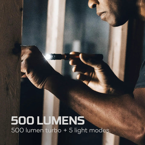 Person using PL500 Penlight 500 Lumens, Five Modes, Rechargeable Mini LED Flashlight With Magnetic Base And Pocket Clip