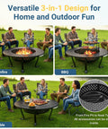 Three In One Extra Large Outdoor Fire Pit Table For Backyard Hangouts With Two Removable Grill Plates Protective Lid And Fire Poker in use, showing bonfire and BBQ settings with people gathered around.