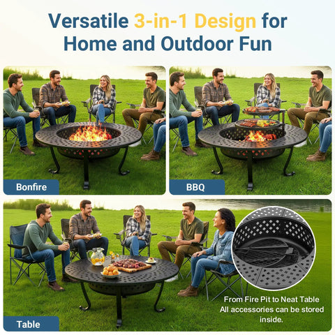 Three In One Extra Large Outdoor Fire Pit Table For Backyard Hangouts With Two Removable Grill Plates Protective Lid And Fire Poker in use, showing bonfire and BBQ settings with people gathered around.