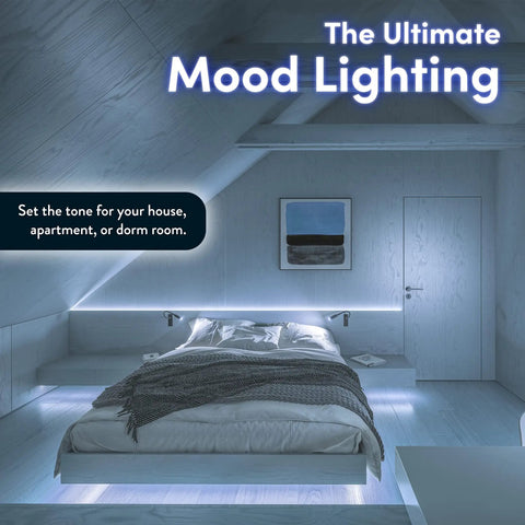 Bedroom with Dope Ambient TV Bias Lighting LED Backlight Strip for 41 to 59 Inch TVs, white backlight along walls.