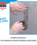 Heavy Duty Screen Repair Tape With Ultra Strong Adhesive For Windows Doors And RVs Quick Patch For Holes And Tears Instantly In Seconds No Joke Size 9 Ft By 2 Ft being applied to a screen.