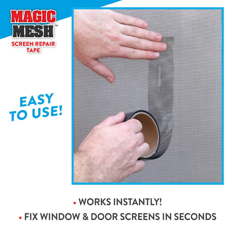 Heavy Duty Screen Repair Tape With Ultra Strong Adhesive For Windows Doors And RVs Quick Patch For Holes And Tears Instantly In Seconds No Joke Size 9 Ft By 2 Ft being applied to a screen.