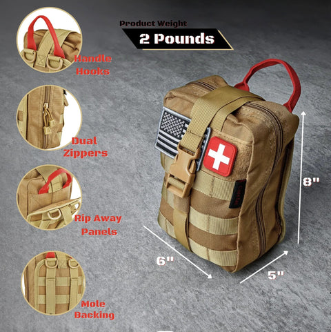 CareTac IFAK tactical first aid kit in tan nylon with red handle, white cross patch, and MOLLE webbing.