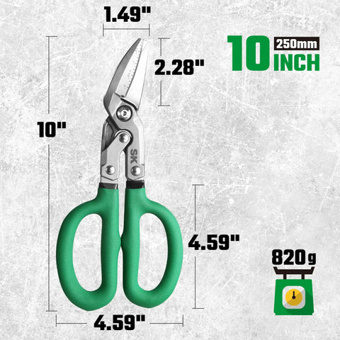 Beefy 10 Inch Bent Compound Action Tin Snips With Drop Forged Blades For Heavy Duty Metal Cutting High Carbon Steel Construction